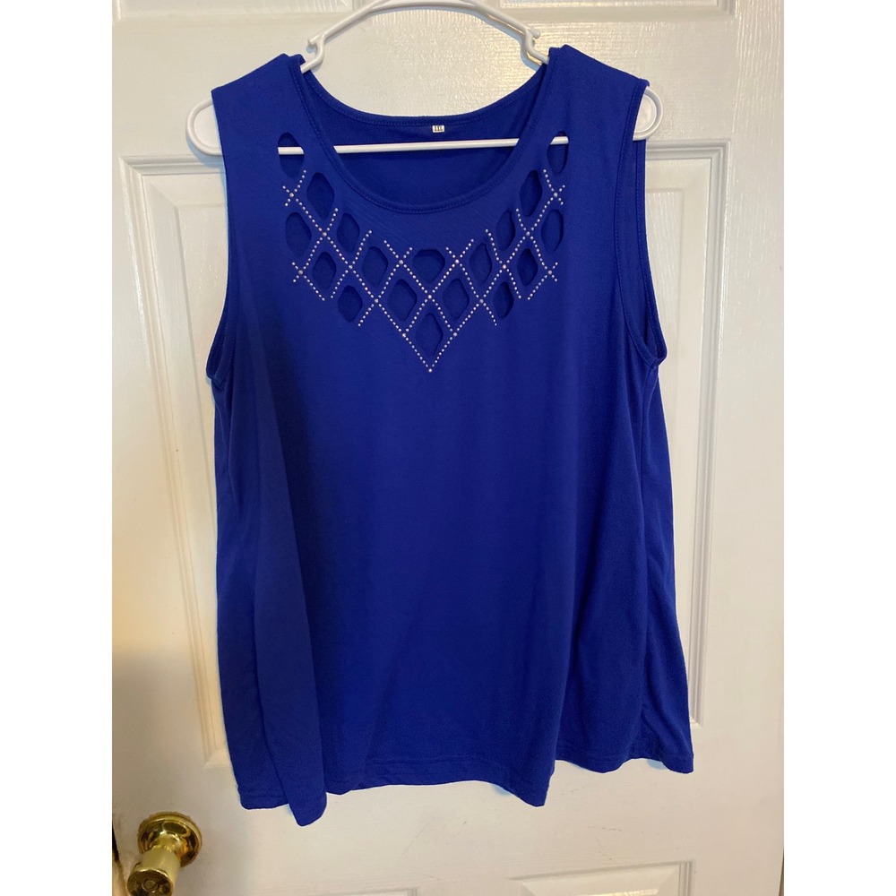 Royal Blue Lattice Cutout Studded Sleeveless Tank Top Blouse 1XL